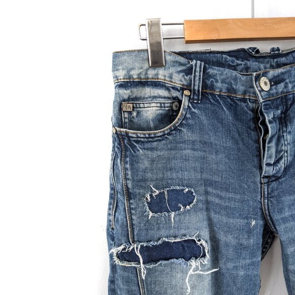 Armani Exchange Jeans Straight Leg Blue Denim Destroyed Ripped Raw Hem Cotton - Picture 4 of 13